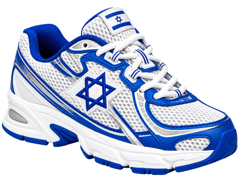 Jew Balance sneaker: white mesh with blue and silver panels, white laces and a blue six-point emblem on the side