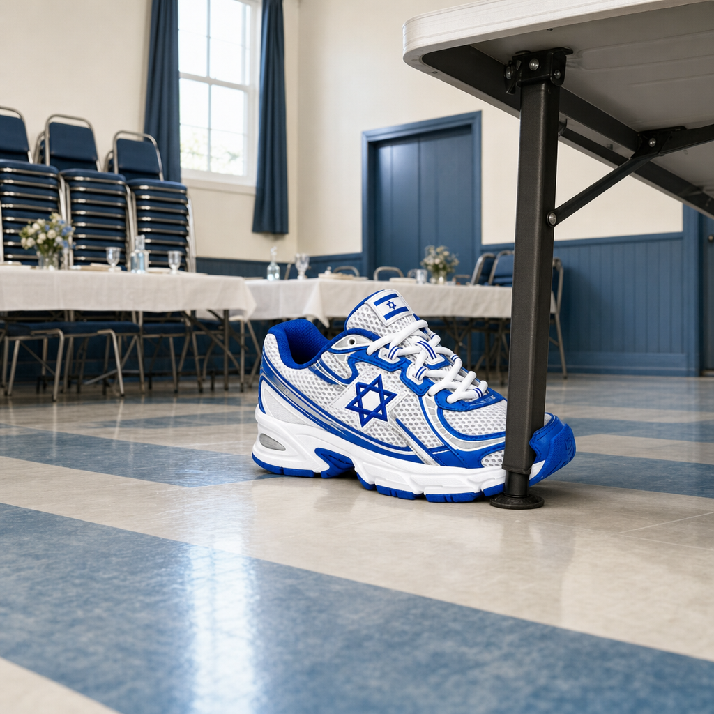 The sneaker wedged under the short leg of a folding table in a community hall, stacked chairs behind it